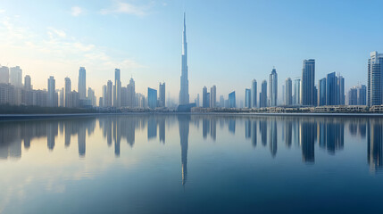 Obraz premium Urban landscape with towering skyscrapers reflecting on a calm river