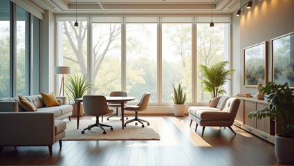 Fototapeta premium Modern living room with plants, natural light, furniture, and art on walls. Generative, AI,