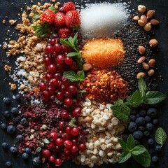 A variety of colorful ingredients including berries, nuts, and various types of sugar are arranged in rows on a dark background.