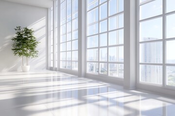 Minimalist Interior with Large Windows and a City View