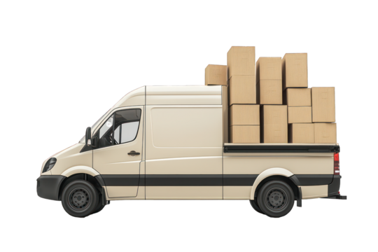 Delivery van with multiple boxes on solid Transparent background 