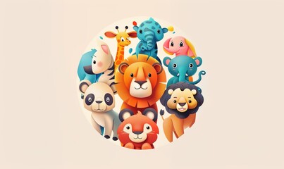 Obraz premium Realistic cartoon of cute zoo animals with adorable faces and simple modern background ai generated