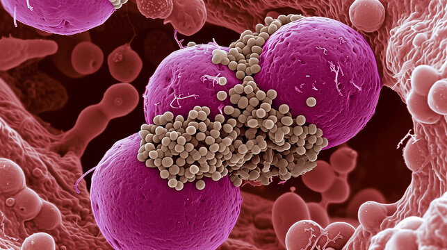 bacterial cells in the human stomach, purple bacilli shapes among red cells and dark gray mitochondria.