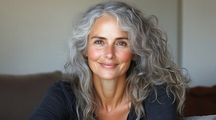 Portrait of a beautiful woman with grey hair looking at the camera with a happy expression.