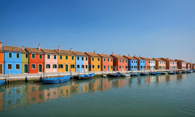 Obraz premium A row of brightly colored houses line a canal in Burano, Italy on a clear summer day