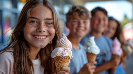 A group of happy teenagers enjoy ice cream cones on a sunny day.