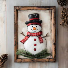 Portrait of Snowman on picture. Happy Christmas and New Year holidays.