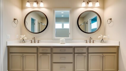 Beige home bathroom interior with double sink and round mirrors 