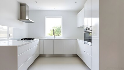 White home kitchen interior with cooking cabinet, window. Mockup wall 