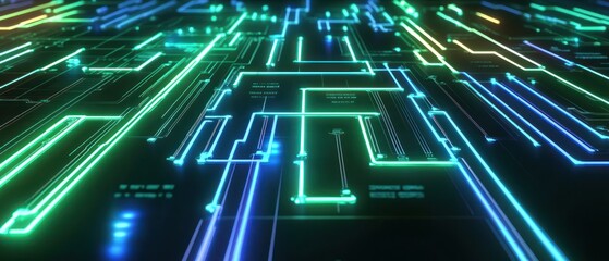 A vibrant circuit board design with glowing lines, symbolizing technology and connectivity.