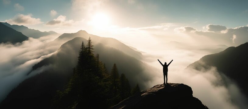 Person Standing on a Mountain Overlooking Clouds. A silhouette of a person standing on a rocky peak, gazing at the vast clouds and mountainous landscape below.
