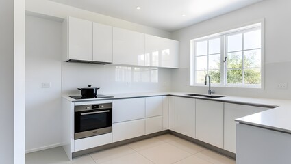 Fototapeta premium White home kitchen interior with cooking cabinet, window. Mockup wall
