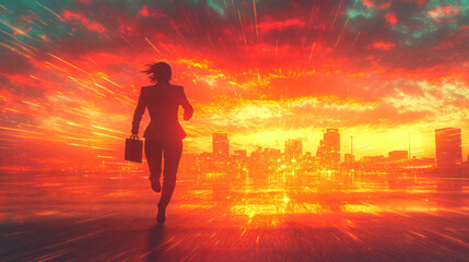 Fototapeta premium Silhouette of a businessperson running with a briefcase at sunset in a cityscape with vibrant colors. 