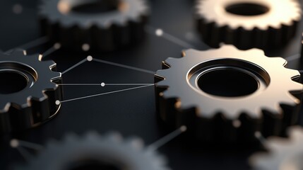 Data Dynamics: Mechanical gears and gear systems visualized through interconnected lines, dots, big data graphics with copy space for impactful banner, presentation