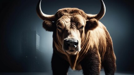 Naklejka premium Powerful Bull in Industrial Setting with Dramatic Lighting. A majestic bull stands in an industrial setting, illuminated by dramatic lighting, creating a powerful and intense atmosphere. 