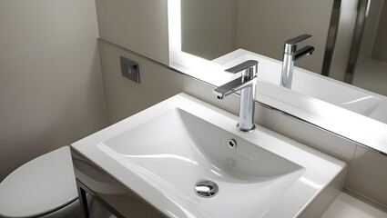 Top view of hotel bathroom interior with sink and mirror, washbasin close up 