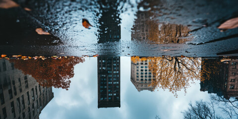 A reflection shot taken from a puddle after the rain, showing an upside-down view of the surrounding buildings and trees