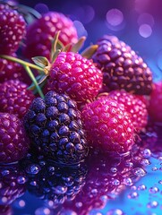   Close-up of ripe raspberries on a blue-purple background with water droplets