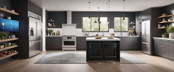 Showcase the power of the Internet of Things with a visually stunning image of a smart home filled with various connected devices and appliances AI, such as smart refrigerators, coffee makers