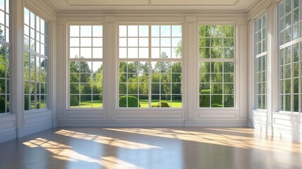 Fototapeta premium Empty room with large windows. Ideal for showcasing furniture, home decor, or creating a spacious and bright ambiance.