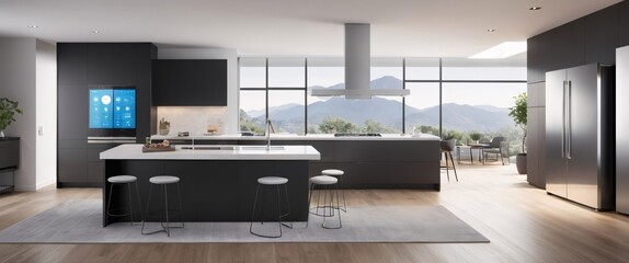 Showcase the power of the Internet of Things with a visually stunning image of a smart home filled with various connected devices and appliances AI, such as smart refrigerators, coffee makers