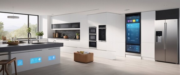 Showcase the power of the Internet of Things with a visually stunning image of a smart home filled with various connected devices and appliances AI, such as smart refrigerators, coffee makers