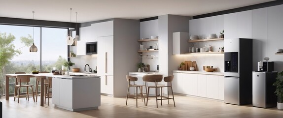 Fototapeta premium Showcase the power of the Internet of Things with a visually stunning image of a smart home filled with various connected devices and appliances AI, such as smart refrigerators, coffee makers