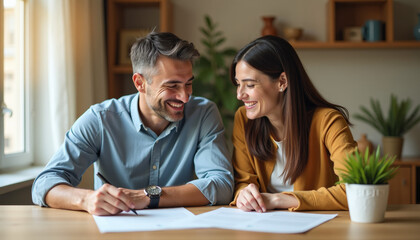 Fototapeta premium Happy Couple Signing Documents at Home