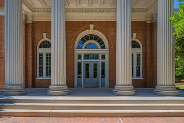 Obraz premium An impressive courthouse featuring remarkable classical architecture, adorned with elegant pillars and a grand entrance that truly embodies the ideals of justice and authority within the community