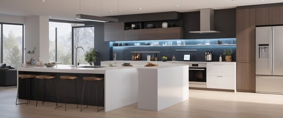 Showcase the power of the Internet of Things with a visually stunning image of a smart home filled with various connected devices and appliances AI, such as smart refrigerators, coffee makers