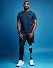 Confident Young Man with Prosthetic Leg Promoting Diversity and Inclusion on Blue Background