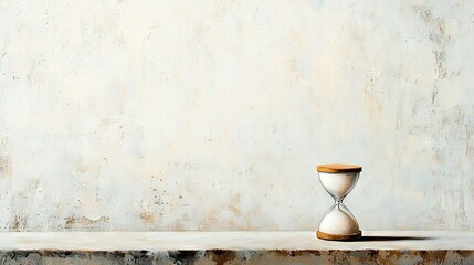   A painting depicts an hourglass perched atop a ledge against a white wall with flaking paint