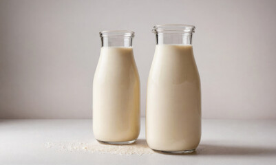Two glass bottles of milk sit on a white surface