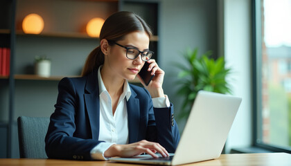 Fototapeta premium Businesswoman Working on Laptop and Talking on Phone