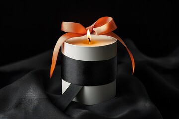 Black white candle with orange flame wrapped in a black ribbon