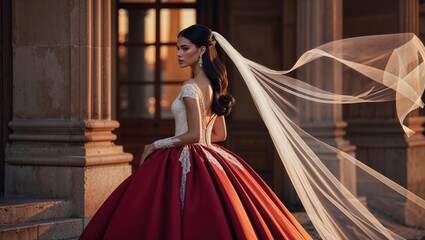 Fototapeta premium The bride in a stunning red gown poses gracefully with her veil flowing in the evening breeze