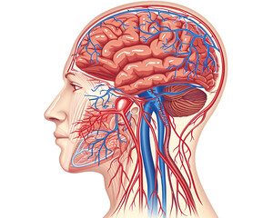 3D illustration of human brain anatomy and head with detailed brain structure on isolated white background.