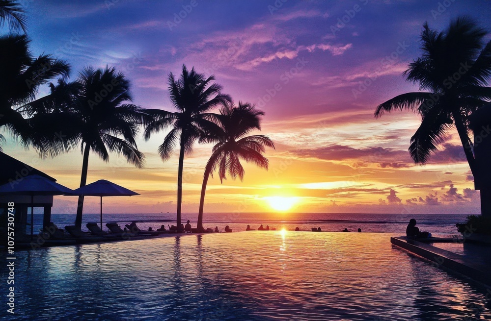 Poster a stunning sunset over the ocean with palm trees in the background and people enjoying time by the h