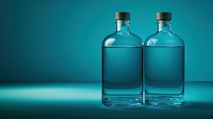   Two water bottles rest on a blue table, set against a light blue backdrop