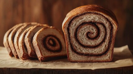 Fototapeta premium A cinnamon swirl bread rests atop parchment on a wooden table