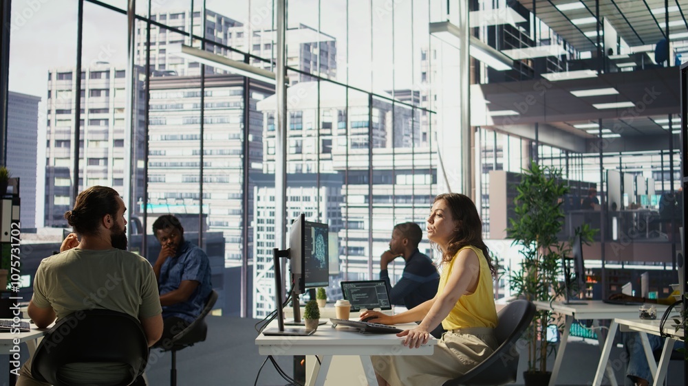 Poster manager discussing with employees in office, developing artificial intelligence machine learning api
