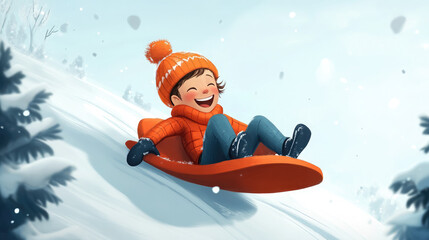 happy boy sledding down snowy hill, kid playing in snow, winter sport, cheerful child with sledge
