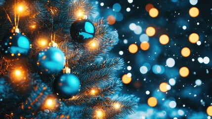 Festive christmas tree with souvenir decorations and sparkling lights