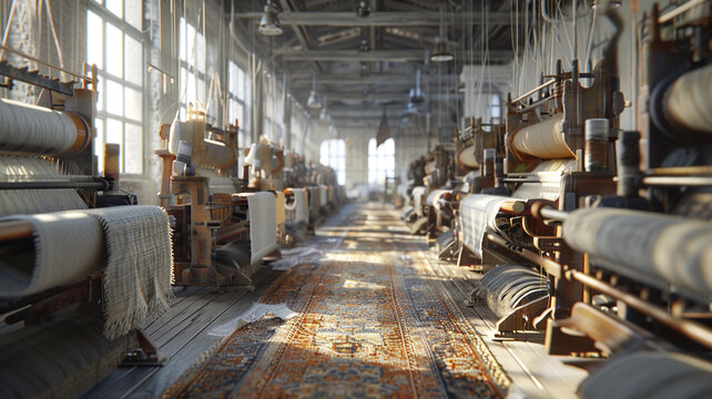 Weaving Process in Textile Workshop: A series of looms in operation, highlighting the dedication and detailed work behind handmade fabric production.