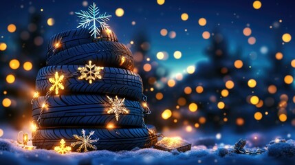 Creative christmas tree made from stacked car tires with festive decorations for holiday display
