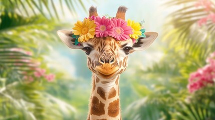 Obraz premium Adorable giraffe wearing colorful flower crown in lush jungle setting