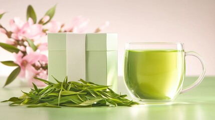 Serene green tea arrangement with gift box and blossoms