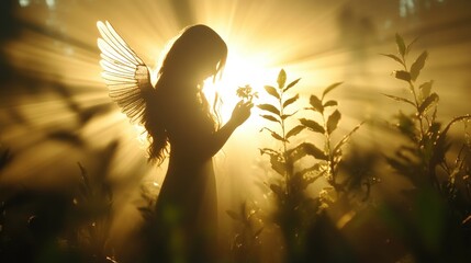 Angel silhouette in cemetery amidst sunlit chaos