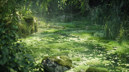 Algal Bloom in Polluted Water Source: A close-up of a water source plagued by an algal bloom, illustrating the effects of excessive nutrients on freshwater ecosystems.