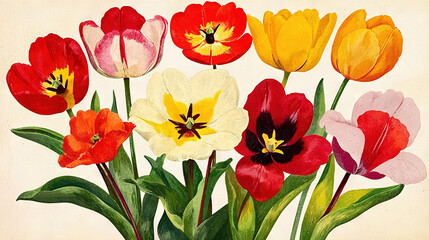   A painting of tulips in a vase with a butterfly atop one of the tulips